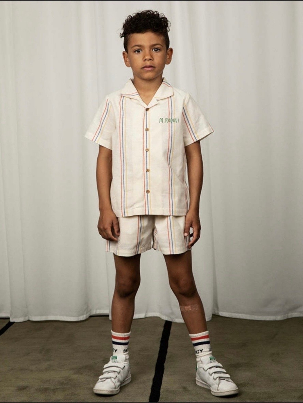 NWT Mini Rodini Organic Cotton And Boys Short Set - Cream Striped Shirt & Shorts